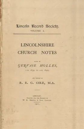 Cole |  Lincolnshire Church Notes Made by Gervase Holles, AD 1634-1642 | Buch |  Sack Fachmedien