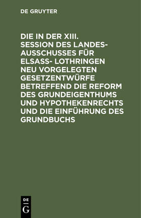 Die in der XIII. Session des Landesausschusses für Elsaß- Lothringen neu vorgelegten Gesetzentwürfe betreffend die Reform des Grundeigenthums und Hypothekenrechts und die Einführung des Grundbuchs | E-Book | sack.de