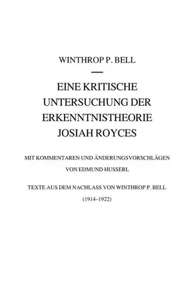 Bell / Vongehr |  Eine kritische Untersuchung der Erkenntnistheorie Josiah Royces | Buch |  Sack Fachmedien