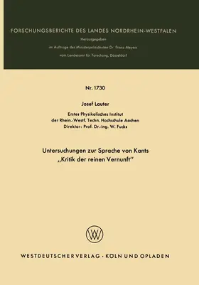Lauter |  Untersuchungen zur Sprache von Kants "Kritik der reinen Vernunft" | Buch |  Sack Fachmedien