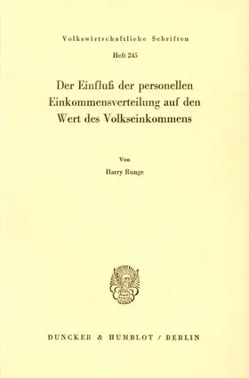 Runge |  Der Einfluß der personellen Einkommensverteilung auf den Wert des Volkseinkommens. | Buch |  Sack Fachmedien