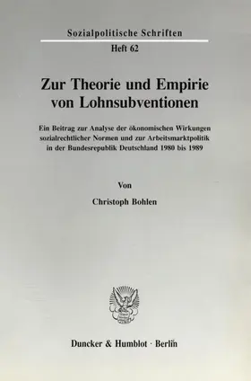 Bohlen |  Zur Theorie und Empirie von Lohnsubventionen. | Buch |  Sack Fachmedien
