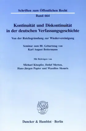 Kloepfer / Merten / Papier |  Kontinuität und Diskontinuität in der deutschen Verfassungsgeschichte. | Buch |  Sack Fachmedien