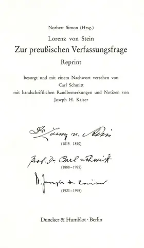 Simon / Stein |  Zur preußischen Verfassungsfrage. Reprint. Hrsg. von Norbert Simon. | eBook | Sack Fachmedien
