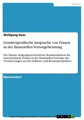 Haas |  Genderspezifische Ansprache von Frauen in der finanziellen Vorsorgeberatung | eBook | Sack Fachmedien