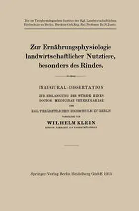 Klein |  Zur Ernährungsphysiologie landwirtschaftlicher Nutztiere, besonders des Rindes | eBook | Sack Fachmedien