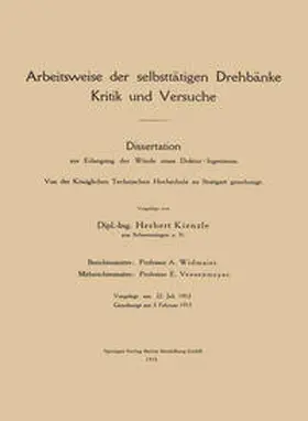 Kienzle |  Arbeitsweise der selbsttätigen Drehbänke | eBook | Sack Fachmedien