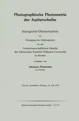 Plaetschke | Photographische Photometrie der Jupiterscheibe | Buch | 978-3-662-26869-8 | www.sack.de