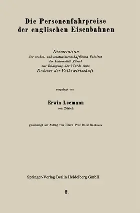 Leemann | Die Personenfahrpreise der englischen Eisenbahnen | Buch | 978-3-662-27451-4 | www.sack.de