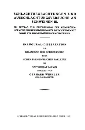 Winkler |  Schlachtbeobachtungen und Ausschlachtungsversuche an Schweinen III | Buch |  Sack Fachmedien