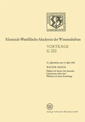 Hinck |  Haben wir heute vier deutsche Literaturen oder eine? Plädoyer in einer Streitfrage | Buch |  Sack Fachmedien