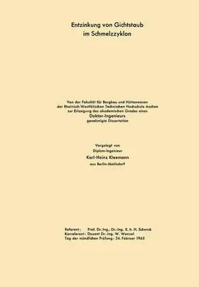 Schenck | Entzinkung von Gichtstaub im Schmelzzyklon | Buch | 978-3-663-00502-5 | www.sack.de