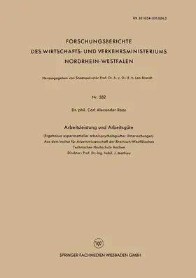Roos |  Arbeitsleistung und Arbeitsgüte | Buch |  Sack Fachmedien