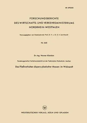 Kleinlein |  Kleinlein, W: Fließverhalten dispers-plastischer Massen im W | Buch |  Sack Fachmedien