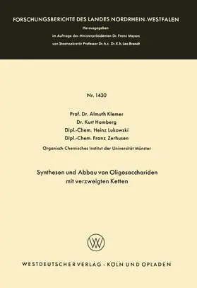 Klemer / Zerhusen / Homberg |  Synthesen und Abbau von Oligosacchariden mit verzweigten Ketten | Buch |  Sack Fachmedien