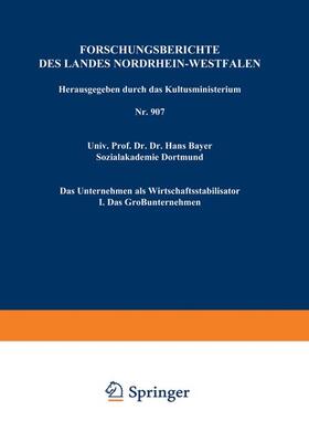 Bayer | Bayer, H: Unternehmen als Wirtschaftsstabilisator | Buch | 978-3-663-04067-5 | sack.de