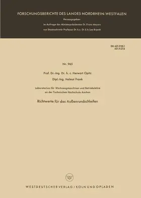 Opitz | Richtwerte für das Außenrundschleifen | Buch | 978-3-663-04114-6 | www.sack.de