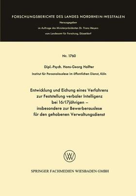 Holfter | Holfter, H: Entwicklung und Eichung eines Verfahrens zur Fes | Buch | 978-3-663-06286-8 | sack.de