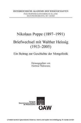 Walravens |  Nikolaus Poppe (1897-1991 Briefwechsel mit Walther Heissig (1913-2005) | eBook | Sack Fachmedien