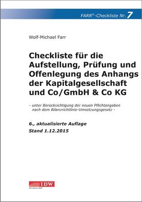 Farr | Checkliste 7 für die  Aufstellung, Prüfung und Offenlegung des Anhangs der Kapitalgesellschaft und Co/GmbH & Co KG | Buch | 978-3-8021-2045-9 | sack.de