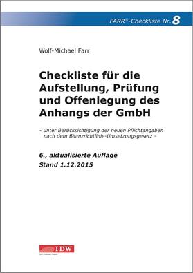 Farr | Checkliste 8 für die Aufstellung, Prüfung und Offenlegung des Anhangs der GmbH | Buch | 978-3-8021-2046-6 | sack.de