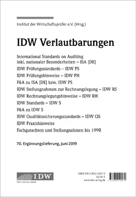 Institut der Wirtschaftsprüfer in Deutschland e.V. |  IDW, 70. Erg.-Lief. IDW Prüfungsstandards Juni 2019 | Loseblattwerk |  Sack Fachmedien