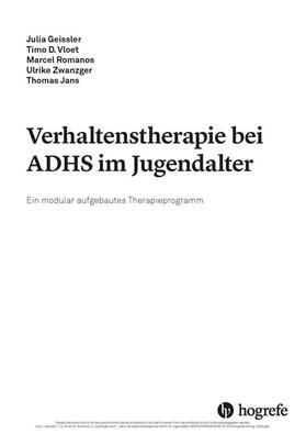 Geissler / Vloet / Romanos |  Verhaltenstherapie bei ADHS im Jugendalter | eBook | Sack Fachmedien