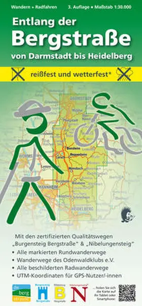 Messer |  Wandern + Radfahren, Entlang der Bergstraße von Darmstadt bis Heidelberg 1:30.000 | Sonstiges |  Sack Fachmedien