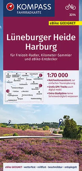  KOMPASS Fahrradkarte Lüneburger Heide, Harburg 1:70.000, FK 3314 | Sonstiges |  Sack Fachmedien