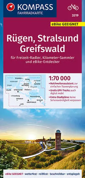  KOMPASS Fahrradkarte Rügen, Stralsund, Greifswald 1:70.000, FK 3319 | Sonstiges |  Sack Fachmedien