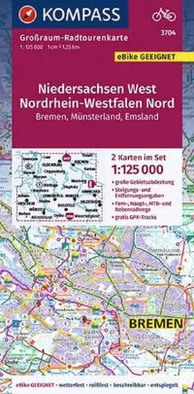 KOMPASS Großraum-Radtourenkarte 3704 Niedersachsen West, Nordrhein-Westfalen Nord 1:125.000 | Sonstiges |  Sack Fachmedien