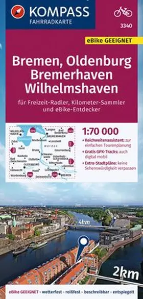  KOMPASS Fahrradkarte 3340 Bremen, Oldenburg, Bremerhaven, Wilhelmshaven 1:70.000 | Sonstiges |  Sack Fachmedien
