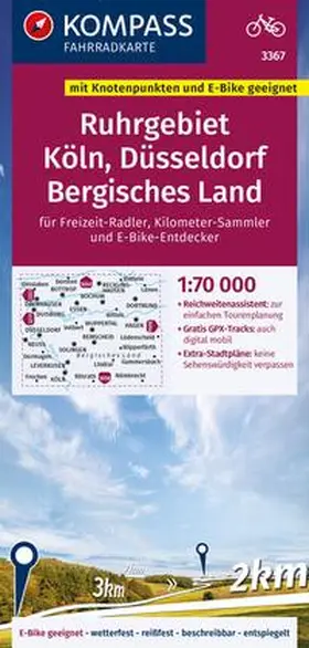  KOMPASS Fahrradkarte 3367 Ruhrgebiet, Köln, Düsseldorf, Bergisches Land mit Knotenpunkten 1:70.000 | Sonstiges |  Sack Fachmedien