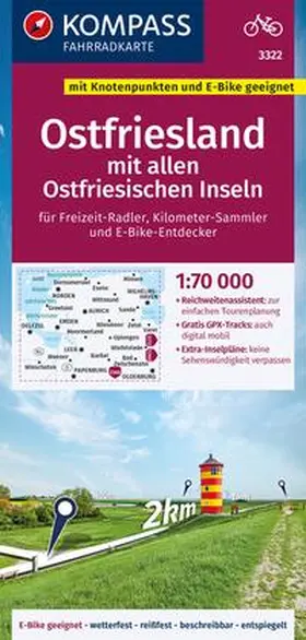  KOMPASS Fahrradkarte 3322 Ostfriesland mit allen Ostfriesischen Inseln mit Knotenpunkten 1:70.000 | Sonstiges |  Sack Fachmedien