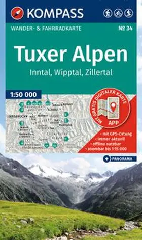  KOMPASS Wanderkarte 34 Tuxer Alpen, Inntal, Wipptal, Zillertal 1:50.000 | Sonstiges |  Sack Fachmedien