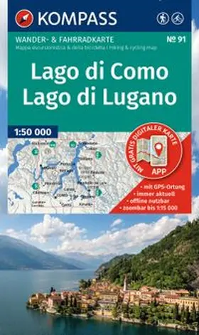  KOMPASS Wanderkarte 91 Lago di Como, Lago di Lugano 1:50.000 | Sonstiges |  Sack Fachmedien